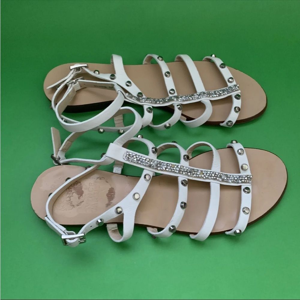 Vince Camuto Women Jakela White  Stud Rhinestone Strap Flat Leather Sandals 6.5M
